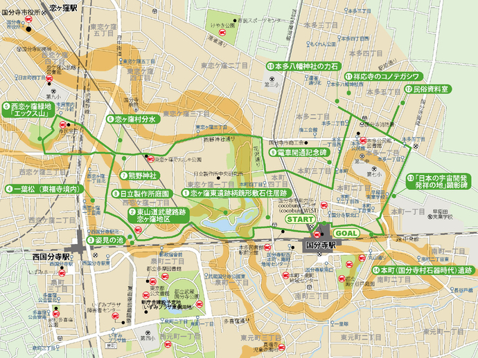 武蔵野新田と野川源流コースの案内図