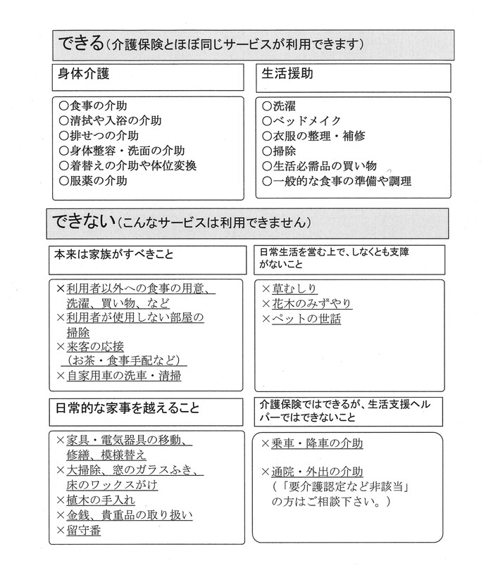 高齢者生活支援ヘルパーのできること・できないこと