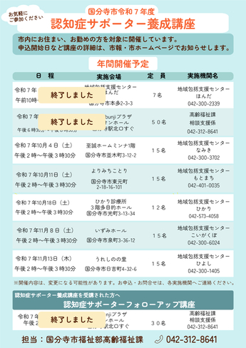 令和7年度認知症サポーター養成講座開催予定（R7.9月時点）