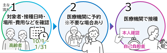 主な流れを文字とイラストで掲載した画像（対象者・接種日時・場所・費用などを確認し、予約が必要な医療機関へは予約のうえ、医療機関で接種してください）