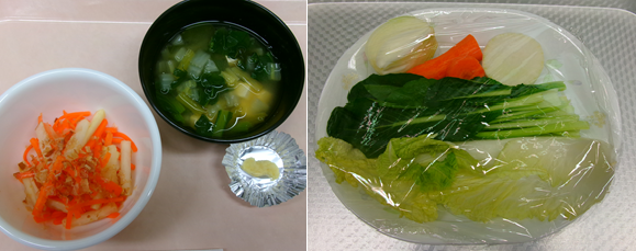 （左）大根とにんじんのサラダ　おろし生姜の吸い口と塩分控えめ味噌汁　大人が一日に必要な野菜350g