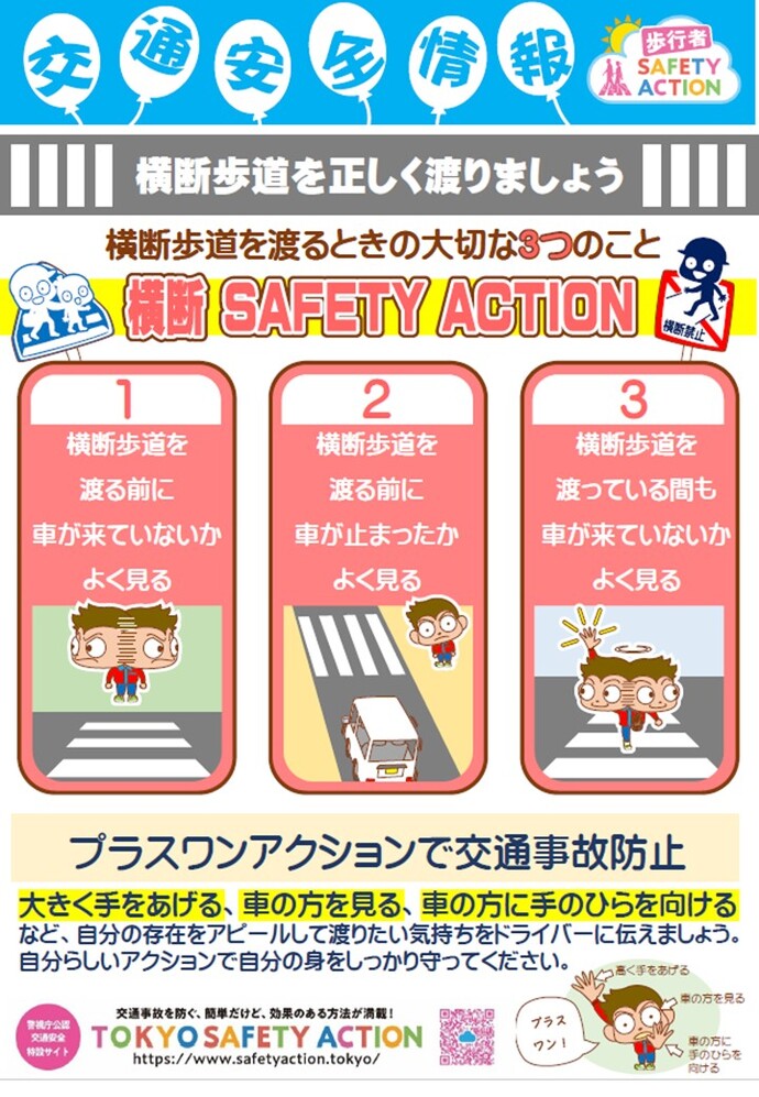 横断歩道を渡るときは、大きく手を挙げる、車の方をみる、車の方にてのひらを向ける
