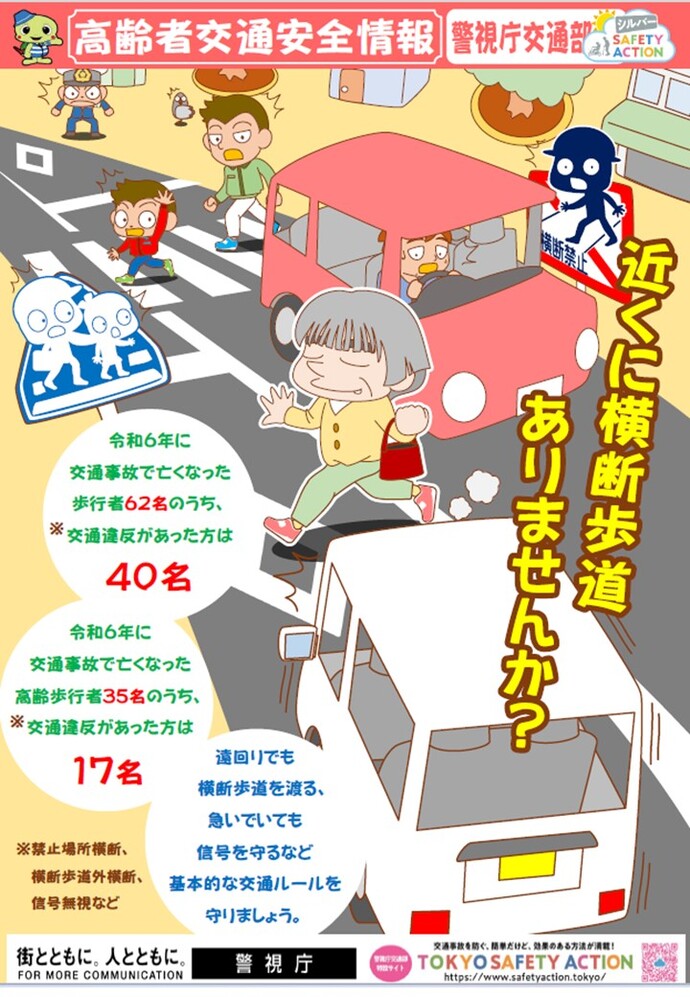 交通事故で亡くなった歩行者の多くは、交通違反をしていました。遠回りでも横断歩道を渡りましょう。